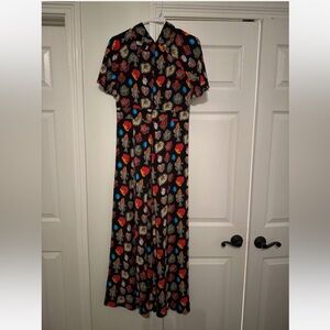 TEMPERLEY LONDON ELIXER FLORA & FAUNA PRINTED CREPE SHORT SLEEVE MIDI TEA DRESS